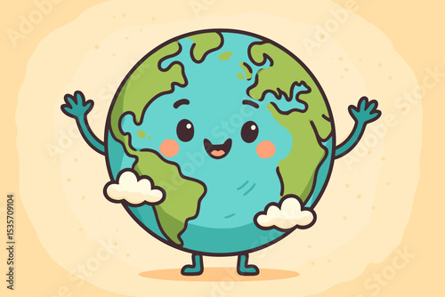 Cute Earth cartoon character with a happy smiling face. Playful planet globe mascot waving. Vector concept for Earth Day, environment, ecology, nature conservation and saving our world.