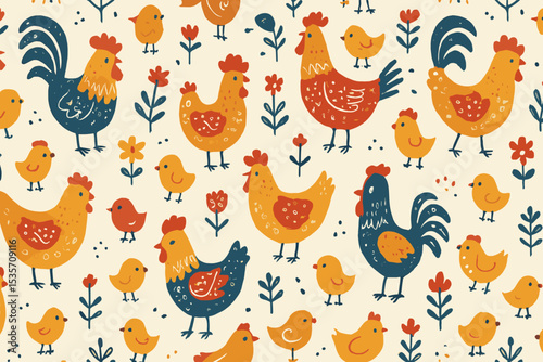 Scandinavian folk art seamless pattern with chickens. Cute rooster, hen, and chick background. Farm animal illustration for kids. Rustic Easter floral textile print vector.