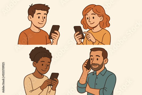 Set of diverse cartoon characters using smartphones. Man and woman texting, calling, browsing on mobile phones. People communication technology vector illustration character set.