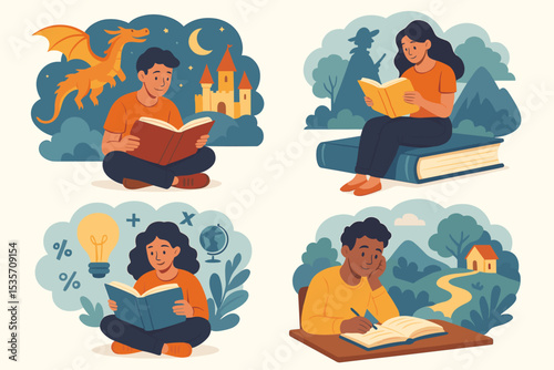 Reading people set. Concept for education, imagination, and learning. Students with books, fantasy dragon, adventure story. Knowledge and creative writing vector character illustration.