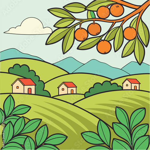 Orange tree branch hangs above houses amidst rolling hills on a sunny day
