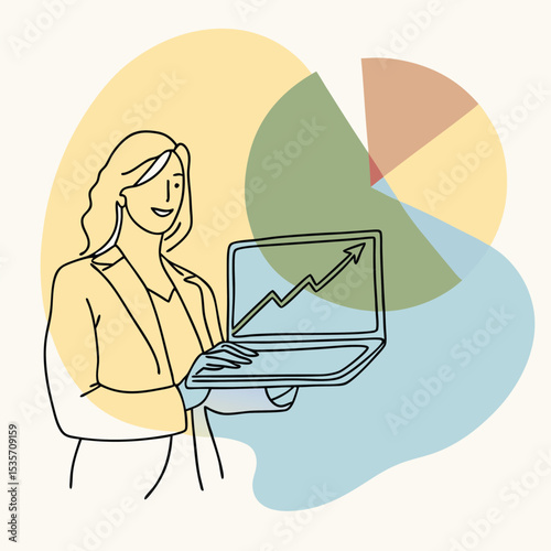 Confident Caucasian woman showcases financial growth displayed on laptop before colorful charts with simple outlines
