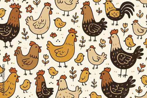Scandinavian folk art chicken seamless pattern. Cute hand-drawn rooster, hen, and chick background. Rustic farm animal vector illustration for kids textile, wallpaper, nursery decor.