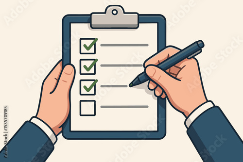 Businessman hand holding clipboard and pen marking completed tasks on a checklist. To-do list concept for planning, productivity, success, and effective project management.