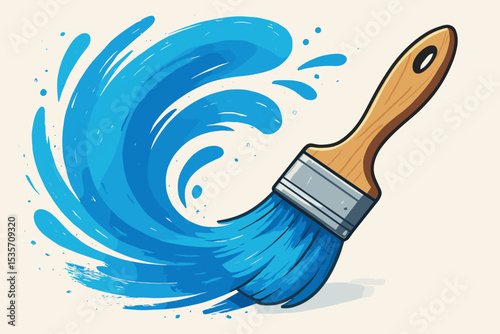 Paintbrush icon with dynamic blue paint stroke. Creative concept of art, drawing, and painting. Renovation and home improvement tool. Vector illustration of a liquid splash or wave.