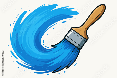 Paintbrush painting a blue circular stroke. Swirl of paint with splashes. Vector concept for art, creativity, renovation, DIY, home improvement, decorating, craft, artistic tool.