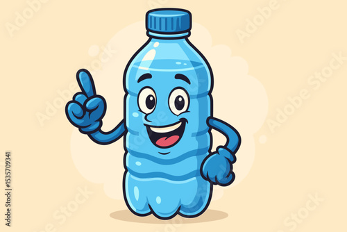 Cute cartoon water bottle mascot character pointing finger up, having an idea. Happy plastic bottle with pure mineral water. Healthy lifestyle, drink water and hydration concept vector.