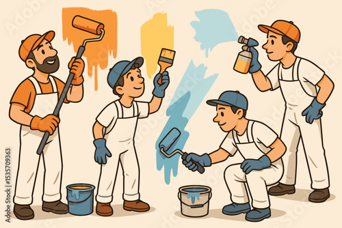 Team of cartoon painters at work. Professional decorators painting a wall with rollers and brush. House renovation and improvement service concept. Vector character illustration.