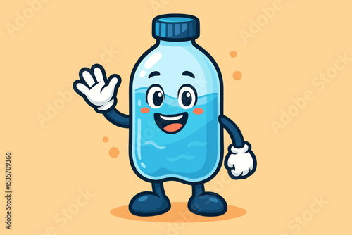 Cute cartoon water bottle character waving hand. Happy plastic bottle mascot with a smiling face. Concept of hydration, drinking water, and healthy lifestyle. Vector illustration for kids.