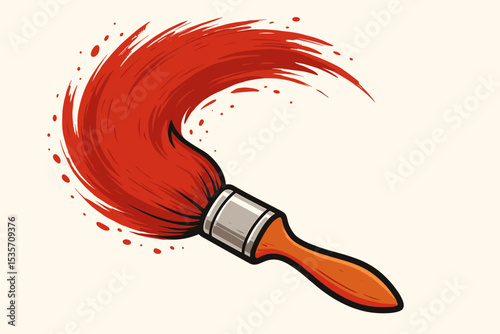 Vector illustration of a paintbrush making a red stroke. Dynamic brushstroke with splash and splatter. Concept of art, creativity, painting, renovation, and decoration. Tool.