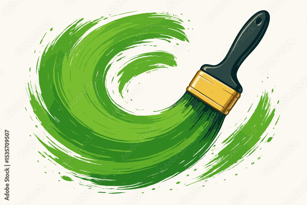 Abstract green paint brush stroke in a dynamic circular motion. Vector illustration concept for art, creativity, ecology, sustainability, renovation, and DIY home improvement.