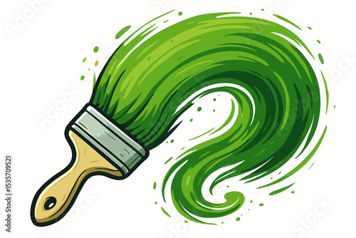 Paintbrush with a dynamic green paint stroke. Vector illustration of an artist tool creating a vibrant color swirl. Concept for ecology, creativity, renovation, and sustainable design.