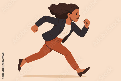 Determined businesswoman running forward. Ambitious woman rushing, in a hurry. Concept of career race, competition, deadline pressure, and chasing success. Vector character.
