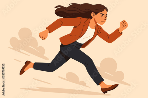 Determined businesswoman running fast. Ambitious female character rushing to meet a deadline. Concept of career race, competition, stress and ambition in corporate life. Vector.