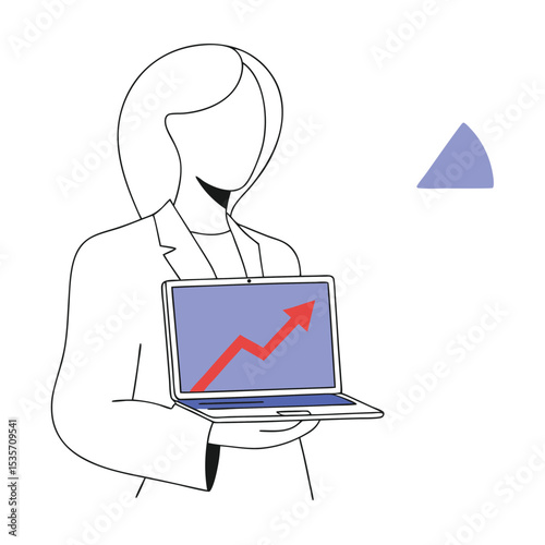 Line art businesswoman presents upward trending graph displayed on laptop screen in her hands