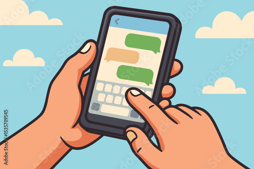 Person texting on mobile phone. Hands holding a smartphone and chatting in a messenger app. Online conversation with speech bubbles. Digital communication, social media concept.