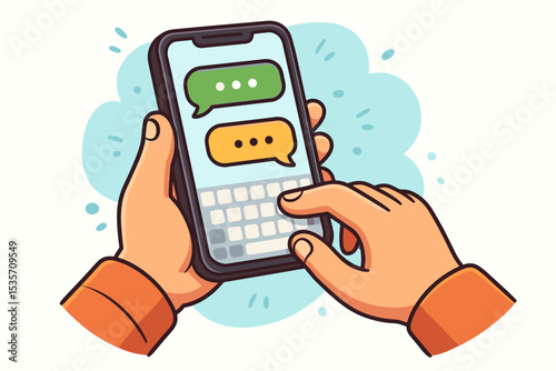 Hands typing message on smartphone screen. Cartoon illustration of person texting in chat. Mobile phone communication, social media conversation. Online messenger app concept vector.