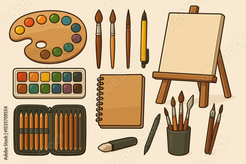 Artist tools set vector illustration. Collection of painting and drawing supplies. Creative hobby equipment. Easel, canvas, paint palette, brushes, watercolor, sketchbook, pencils.