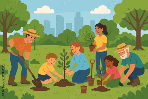 Happy diverse community volunteers planting trees in a city park. Family with children working for environmental conservation. Reforestation, ecology, and sustainability concept.