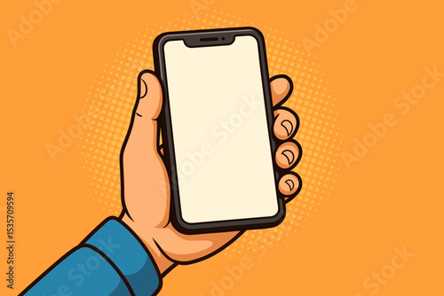Hand holding a smartphone with a blank white screen in pop art comic style. Mobile phone mockup template for application or website design. Retro vector illustration with copy space.