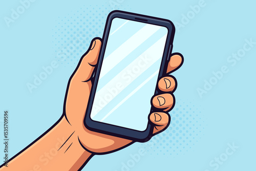 Hand holding smartphone with blank screen. Mobile phone mockup vector illustration in pop art comic style. Modern technology concept. Template for app or website display.