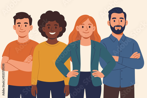 Diverse group of business people standing together. Multicultural team portrait with men and women. Concept of teamwork, unity, inclusion, and collaboration in a flat vector style.
