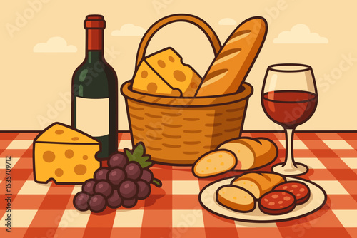 Classic picnic vector illustration. Still life with red wine bottle, glass, cheese, baguette in a basket, grapes, and salami on a red gingham tablecloth. Outdoor dining concept.