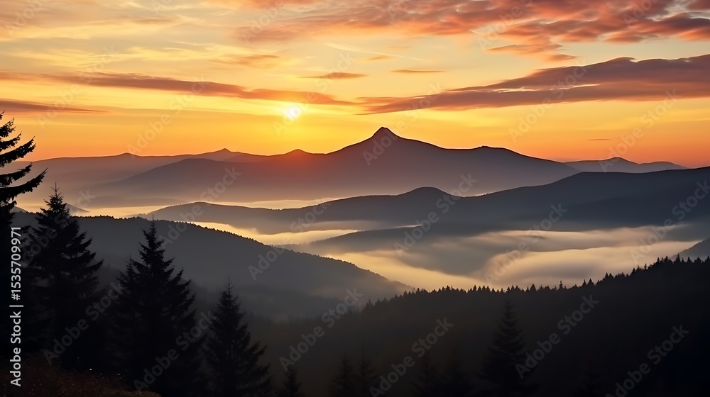 Obraz premium A close-up sunrise scene of the Carpathian peaks, dark silhouettes framed by clouds glowing in warm pinks and soft yellows, golden sunlight illuminating the edges of the clouds.