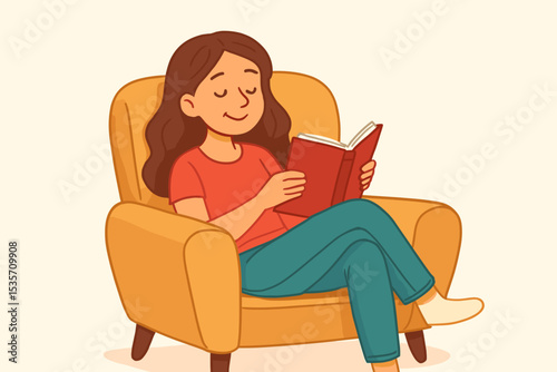 Happy young woman reading a book in a cozy armchair. Concept of relaxation, hobby, leisure, and quiet time at home. Hygge lifestyle for self-care and mental wellness. Vector.