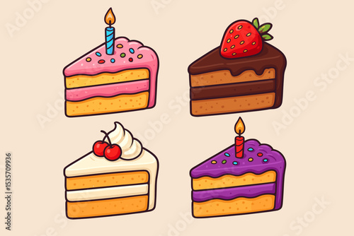 Vector set of colorful cake slices. Birthday party dessert collection. Cartoon illustration of sweet pastry food with candles, chocolate, strawberry, and cherry toppings. Bakery.