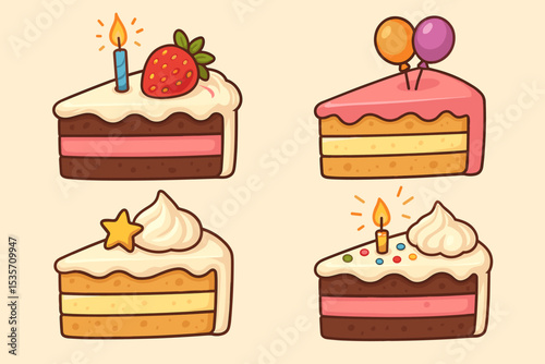 Birthday cake slice vector illustration set. Cute cartoon dessert collection for party celebration. Sweet pastry with candles, strawberry, sprinkles, and balloons. Kawaii food icons.