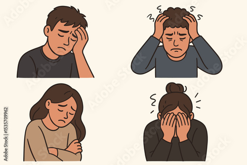 Mental health illustration set. People with depression, anxiety, and stress. Sad man and woman in despair. Concept for psychological problems, emotional pain, loneliness and burnout.