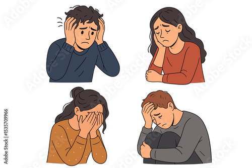 Collection of sad and depressed people. Man and woman characters feeling anxiety and stress. Mental health disorder concept. Emotional distress, grief, sorrow vector illustration.