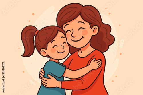 Loving mother embracing her happy daughter. Cute cartoon vector illustration showing family bond, affection, and care. Motherhood and childhood concept for Mother's Day greeting.