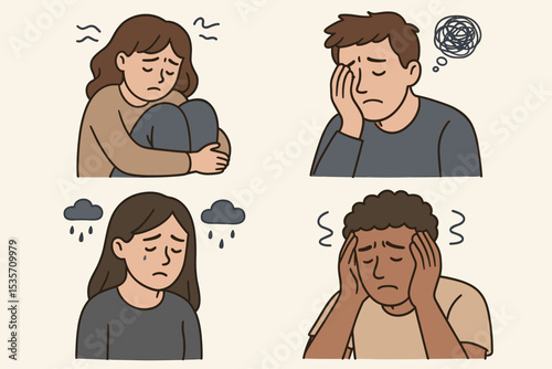 Set of diverse people suffering from depression and anxiety. Mental health concept illustration with sad man and woman. Emotional distress, stress, burnout, and loneliness vector set.