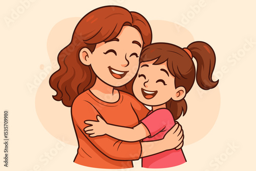 Happy mother and daughter hugging. Loving mom embracing her little child with a smile. Family love and affection concept. Motherhood, parenthood, and childhood joy. Cute cartoon vector illustration.