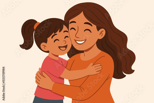 Mother and daughter embracing. Happy family vector illustration. Concept of motherhood, love, care, and affection. Woman and little girl hugging. Joyful parent and child relationship.