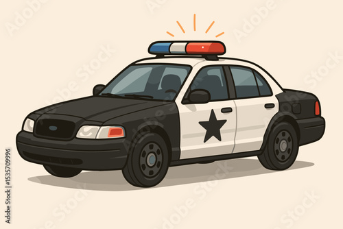 Police car vector illustration. Cartoon law enforcement patrol vehicle with flashing siren lights. Retro American police cruiser for security, justice, and emergency concepts.