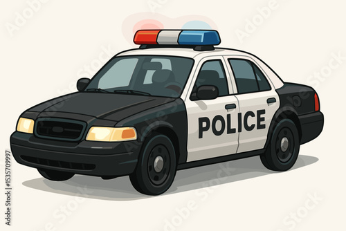 Police car side view vector illustration. American patrol sedan for law enforcement. Concept of public safety, justice, emergency service, and security. Isolated cop car with siren.