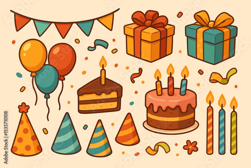 Retro birthday party elements set. Vector collection of celebration icons including cake, gift box, balloons, candles, party hats, and confetti. Vintage cartoon illustration for design.