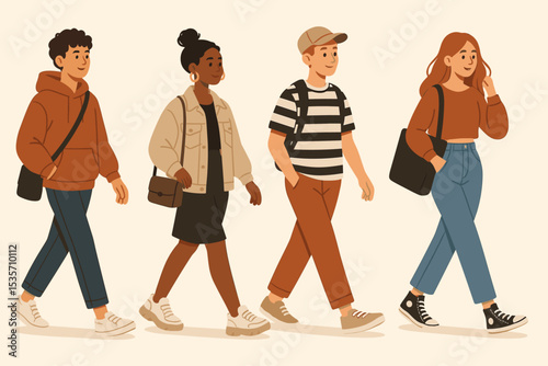 Set of walking people characters in side view. Group of young diverse friends. Multicultural men and women students in trendy casual clothes. Modern flat vector illustration.