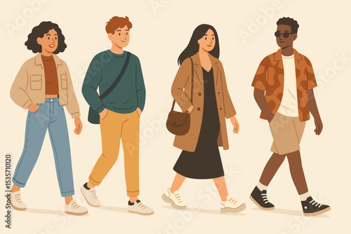 Group of diverse young people walking together. Fashionable friends in casual modern clothes. Multicultural students street style flat vector illustration. Youth lifestyle concept.