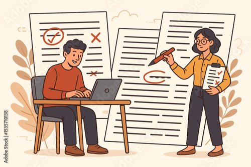 Vector illustration of editors at work. Female proofreader corrects text with red pen. Male author writes on laptop. Concept for teamwork, collaboration, feedback, and publishing.