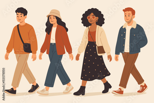 Set of fashionable young people characters walking together. Diverse group of friends, men and women, in trendy casual outfits. Modern flat vector illustration of street style.
