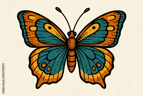 Colorful butterfly vector in retro tattoo style. Old school American traditional insect illustration. Vintage design element with teal and orange colors on a textured paper background.