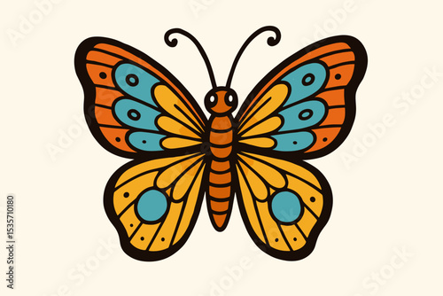 Colorful butterfly vector in a classic retro 70s style. Groovy vintage insect icon with bold outline. Old school nature illustration for sticker, print, or tattoo design. Isolated.