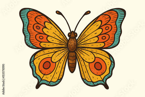 Retro butterfly vector illustration. Groovy 70s style insect with vibrant colors. Hand drawn folk art design element. Isolated vintage hippie symbol for nature or summer concepts.