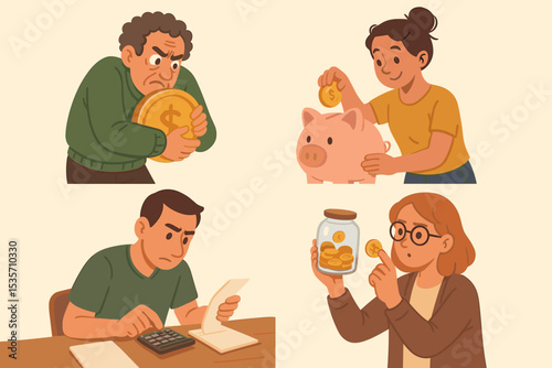 Personal finance illustration set. Different money management concepts: smart saving in piggy bank, stress from budgeting and bills, greed, and building wealth. Financial literacy.