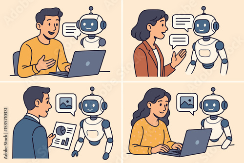 Human and AI robot interaction vector illustration set. People communicating with chatbot for support, data analysis, and generative art. Future technology & business concept.