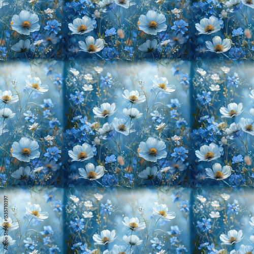 Charming blue and white floral pattern with a serene natural backdrop